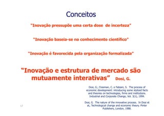 Conceitos
      “Inovação pressupõe uma certa dose de incerteza”


       “Inovação baseia-se no conhecimento científico”


     “Inovação é favorecida pela organização formalizada”



“Inovação e estrutura de mercado são
   mutuamente interativas” Dosi, G.
                                   Dosi, G.; Freeman, C. e Fabiani, S. The process of
                                 economic development: introducing some stylized facts
                                   and theories on technologies, firms and institutions.
                                    Industrial and Corporate Change, Vol. 3(1), 1994.

                                Dosi, G. The nature of the innovative process. In Dosi et
17                                al., Technological change and economic theory. Pinter
                                                 Publishers, London, 1988.
 