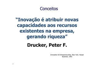 Conceitos

     “Inovação é atribuir novas
      capacidades aos recursos
       existentes na empresa,
          gerando riqueza”
         Drucker, Peter F.
                    Innovation & Entrepreneurship. New York. Harper
                                     Business. 1993



21
 