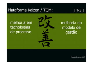 Plataforma Kaizen / TQM:           [ T-5 ]


 melhoria em               melhoria no
 tecnologias               modelo de
 de processo                 gestão




                                Moysés Simantob 2007
 