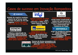Casos de sucesso em Inovação Rompedora

Modelo de negócio modular;                                  Lançou a linha Reciclato
  depois de se tornar maior    Lançou a familia de chips
                                “low end” Celeron para     tendo antes construindo a
provedor de jatos de 70-150                                 cadeia de suprimento de
  lugares aposta nos jatos      enfrentar a AMD; hoje a
                                 linha Celeron líder de    matéria prima em parceria
 comerciais de 6 a 8 lugares                                 com a Associação dos
                                        vendas
                                                              Catadores de Papel

    Mobile Brasil
                                Especializou-se na         Fugir da tendência seguida
  Liderou a introdução da    produção low-cost (mini-             pelos principais
tecnologia GSM no Brasil e    usinas) de produtos de         fornecedores – handsets
 inovou no relacionamento aço. Repetiu com sucesso                 carregados de
fabricantes - grande varejo   esse modelo em outros         funcionalidades - apostou
   facilitando o acesso do           mercados              na simplicidade e elegância
 celular pelas classes C e D                                    com o modelo Razr
                                 Inovou de forma rompedora em
                                 vários mercados. Recentemente
                                    para ter acesso rápido aos
                                  mercados residencial das PME
                               empresas comprou e integrou com
                                        sucesso a Linksys
                                                                Prof. Luiz C. Moraes Rego - FGV
 