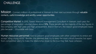 CHALLENGE
Mission : Connect millions of professional in Vietnam to their next successes through valuable
contacts, useful knowledge and worthy career opportunities.
Competitive Market: In 2015, Towers Watson's management Consultant in Vietnam, each year, the
percentage of resignation voluntary leave about 12%. These people are the majority of the key figures in
the company, with high yield and high achievement. And in Vietnam, the reason good employees leave
jobs because ... Unsuitable with boss.
Human resources personnel: hard to prevent good employees with other companies to entice and
accept “sống chung với lũ". Besides, the planned deal, try to keep the most critical character, but apart
from competitive salary to make the relationship closer to the love they feel, have cohesion.
 