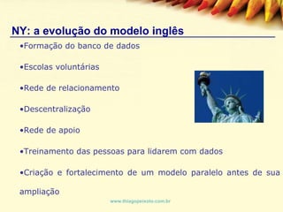Formação do banco de dados  Escolas voluntárias  Rede de relacionamento  Descentralização  Rede de apoio  Treinamento das pessoas para lidarem com dados   Criação e fortalecimento de um modelo paralelo antes de sua ampliação  NY: a evolução do modelo inglês www.thiagopeixoto.com.br 