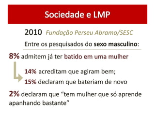 2010 Fundação Perseu Abramo/SESC
Entre os pesquisados do sexo masculino:
8% admitem já ter batido em uma mulher
14% acreditam que agiram bem;
15% declaram que bateriam de novo
2% declaram que “tem mulher que só aprende
apanhando bastante”
 