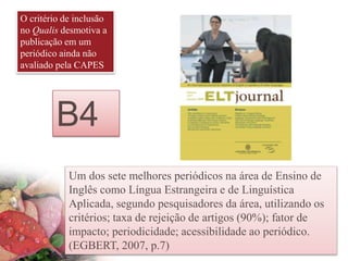 O critério de inclusão
no Qualis desmotiva a
publicação em um
periódico ainda não
avaliado pela CAPES
Um dos sete melhores periódicos na área de Ensino de
Inglês como Língua Estrangeira e de Linguística
Aplicada, segundo pesquisadores da área, utilizando os
critérios; taxa de rejeição de artigos (90%); fator de
impacto; periodicidade; acessibilidade ao periódico.
(EGBERT, 2007, p.7)
B4
 