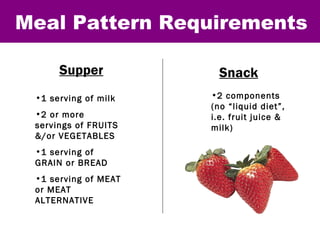 Snack 1 serving of milk 2 or more servings of FRUITS &/or VEGETABLES 1 serving of GRAIN or BREAD 1 serving of MEAT or MEAT ALTERNATIVE Meal Pattern Requirements Supper 2 components  (no “liquid diet”,  i.e. fruit juice & milk) 