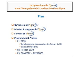 Plan
 Qu’est-ce que l’ ?
 Mission Stratégique de l’
 Services de l’
 Programmes & Projets:
 P1: PASRI
 Développement des capacités des Acteurs du SNI
 Dispositif MOBIDOC
 P2: Horizon 2020
 P3: COMPERE – AVERROES
La dynamique de l’
dans l'écosystème de la recherche scientifique
2
 