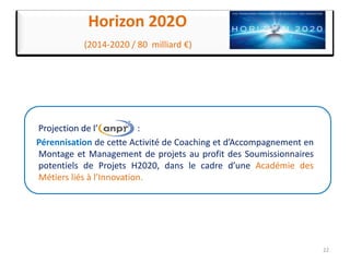 22
Horizon 202O
(2014-2020 / 80 milliard €)
ProjectionProjection dede l’l’ :
Pérennisation de cette Activité de Coaching et d’Accompagnement en
Montage et Management de projets au profit des Soumissionnaires
potentiels de Projets H2020, dans le cadre d’une Académie des
Métiers liés à l’Innovation.
 