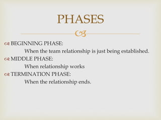 
 BEGINNING PHASE:
When the team relationship is just being established.
 MIDDLE PHASE:
When relationship works
 TERMINATION PHASE:
When the relationship ends.
PHASES
 