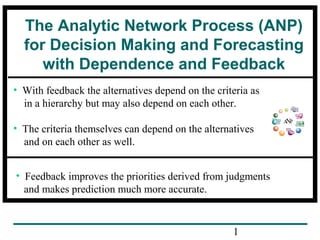 The Analytic Network Process (ANP)
for Decision Making and Forecasting
with Dependence and Feedback
• With feedback the alternatives depend on the criteria as
in a hierarchy but may also depend on each other.
• The criteria themselves can depend on the alternatives
and on each other as well.
• Feedback improves the priorities derived from judgments
and makes prediction much more accurate.

1

 