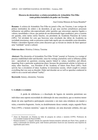 ANPUH – XXV SIMPÓSIO NACIONAL DE HISTÓRIA – Fortaleza, 2009.

Discurso da (des)ordem: a crônica jornalística de Arimathéia...