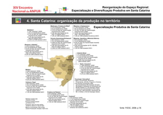 Reorganização do Espaço Regional:
Especialização e Diversificação Produtiva em Santa Catarina
4. Santa Catarina: organização da produção no território
Especialização Produtiva de Santa Catarina
fonte: FIESC, 2008, p.18.
 