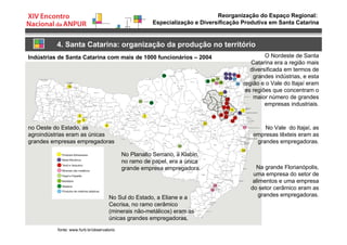 Reorganização do Espaço Regional:
Especialização e Diversificação Produtiva em Santa Catarina
4. Santa Catarina: organização da produção no território
Indústrias de Santa Catarina com mais de 1000 funcionários – 2004
fonte: www.furb.br/observatorio
O Nordeste de Santa
Catarina era a região mais
diversificada em termos de
grandes indústrias, e esta
região e o Vale do Itajaí eram
as regiões que concentram o
maior número de grandes
empresas industriais.
no Oeste do Estado, as
agroindústrias eram as únicas
grandes empresas empregadoras
No Planalto Serrano, a Klabin,
no ramo de papel, era a única
grande empresa empregadora.
No Sul do Estado, a Eliane e a
Cecrisa, no ramo cerâmico
(minerais não-metálicos) eram as
únicas grandes empregadoras.
Na grande Florianópolis,
uma empresa do setor de
alimentos e uma empresa
do setor cerâmico eram as
grandes empregadoras.
No Vale do Itajaí, as
empresas têxteis eram as
grandes empregadoras.
 