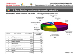 Reorganização do Espaço Regional:
Especialização e Diversificação Produtiva em Santa Catarina
Têxtil
26%
Eletro-Metal-
mecânico,
21%
Madeira –
mobiliário
14%
Farmacêuticos
8%
Minerais não
metálicos
5%
Papel e Celulose
5%
Calçados
1%
Borracha, fumo,
couros, etc
2%
Alimentícios
(agroindústria)
18%
4. Santa Catarina: organização da produção no território
Empregos por Setores Industriais – SC - 2006
100531.464Total
1,166.195Calçados9
2,4713.122Borracha, fumo, couros, etc8
4,6724.813Papel e Celulose7
5,2427.860Minerais não metálicos6
7,6340.556Farmacêuticos5
13,9374.017Madeira – mobiliário4
18,0595.957Alimentícios (agroindústria)3
20,53109.126Eletro-Metal-mecânico,2
26,30139.818Têxtil1
% nº de empregos
industriais
Nº de empregosSetor IndustrialRanking
fonte: RAIS – 2006
 