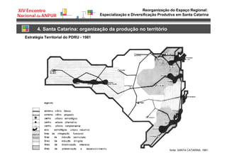 Reorganização do Espaço Regional:
Especialização e Diversificação Produtiva em Santa Catarina
4. Santa Catarina: organização da produção no território
Estratégia Territorial do PDRU - 1981
fonte: SANTA CATARINA, 1981.
 