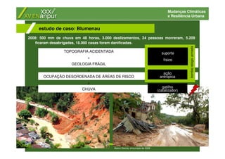 Mudanças Climáticas
e Resiliência Urbana
2008: 500 mm de chuva em 48 horas, 3.000 deslizamentos, 24 pessoas morreram, 5.209
ficaram desabrigadas, 18.000 casas foram danificadas.
estudo de caso: Blumenau
Bairro Garcia, enxurrada de 2008
TOPOGRAFIA ACIDENTADA
+
GEOLOGIA FRÁGIL
+
OCUPAÇÃO DESORDENADA DE ÁREAS DE RISCO
+
CHUVA
suporte
físico
ação
antrópica
bombarelógioarmada
gatilho
(catalizador)
 