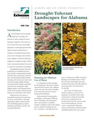 A la b ama         A & M     a n d     A u b u r n    U n i v e r s itie s



                                            Drought-Tolerant
                                            Landscapes for Alabama
                      ANR-1336


Introduction

A     well-designed and managed
      landscape can reduce the
amount of water needed for home
landscape irrigation. This conserva-
tion of water becomes increasingly
important as municipal governments
impose broad watering bans in
response to drought situations that
create water shortages and strained
water supplies. Overhead landscape
irrigation is usually the target of these
water conservation policies because it
is viewed as noncritical consumption.                                                    Some plants perform well with only
    Thoughtfully planned, attractive                                                     occasional irrigation.
landscapes are important because
they provide environmental benefits
and add value and beauty to homes.
The environmental benefits include          Planning for Efficient                      areas, or hydrozones. Walk around the
reducing soil erosion and storm water       Use of Water                                landscape and identify places where
runoff, providing wildlife habitats,                                                    the soil stays moist longer and sepa-
                                                 It is important to plan a design
removing carbon dioxide and pollut-                                                     rate them from the areas fully exposed
                                            for the landscape. The types of plants
ants from the atmosphere while                                                          to the sun where the soil tends to
                                            used and their location, the condition
adding oxygen, and keeping homes                                                        dry quickly.
                                            of the soil, and other factors all affect
cooler in the summer and protecting                                                         Low-water-use hydrozones
                                            how much water must be used to
them from cold winds in the winter.                                                     should comprise as much of the
                                            maintain the landscape.
     Homeowners can ensure a                                                            landscape as possible when water
                                                 Hydrozoning is locating plants
sustainable landscape by planning                                                       conservation is desired. Generally,
                                            according to a landscape’s differing
for water conservation, choosing                                                        low-water-use hydrozones are
                                            levels of shading, soil evaporation
appropriate plants, improving the                                                       located away from the most traveled
                                            rates, and exposure to ambient
soil, establishing plants properly,                                                     areas of the landscape, but this
                                            weather conditions. Early in the design
mulching, fertilizing correctly, and                                                    is not a requirement. Moderate-
                                            process, divide the landscape into
watering efficiently.                                                                   water-use hydrozones should include
                                            low-, moderate-, and high-water-use
                                                                                        established plants that only require


                                                    www.aces.edu
 