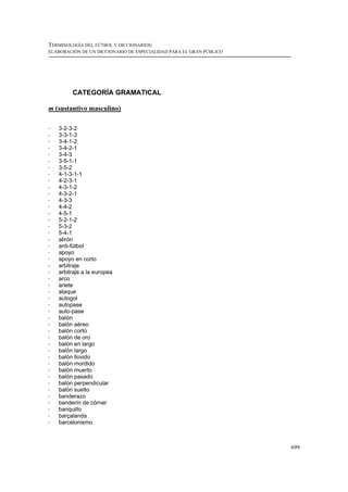 TERMINOLOGÍA DEL FÚTBOL Y DICCIONARIOS:
ELABORACIÓN DE UN DICCIONARIO DE ESPECIALIDAD PARA EL GRAN PÚBLICO




         CATEGORÍA GRAMATICAL

m (sustantivo masculino)

!   3-2-3-2
!   3-3-1-3
!   3-4-1-2
!   3-4-2-1
!   3-4-3
!   3-5-1-1
!   3-5-2
!   4-1-3-1-1
!   4-2-3-1
!   4-3-1-2
!   4-3-2-1
!   4-3-3
!   4-4-2
!   4-5-1
!   5-2-1-2
!   5-3-2
!   5-4-1
!   alirón
!   anti-fútbol
!   apoyo
!   apoyo en corto
!   arbitraje
!   arbitraje a la europea
!   arco
!   ariete
!   ataque
!   autogol
!   autopase
!   auto-pase
!   balón
!   balón aéreo
!   balón corto
!   balón de oro
!   balón en largo
!   balón largo
!   balón llovido
!   balón mordido
!   balón muerto
!   balón pasado
!   balón perpendicular
!   balón suelto
!   banderazo
!   banderín de córner
!   banquillo
!   barçalanda
!   barcelonismo



                                                                     699
 