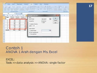 Contoh 1
ANOVA 1 Arah dengan Ms. Excel
EXCEL:
Tools >
>data analysis >
>ANOVA: single factor
17
 