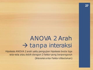 ANOVA 2 Arah
 tanpa interaksi
Hipotesis ANOVA 2 arah yaitu pengujian hipotesis beda tiga
rata-rata atau lebih dengan 2 faktoryang berpengaruh
(I
nteraksi antarfaktorditiadakan)
27
 