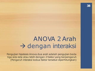 ANOVA 2 Arah
 dengan interaksi
Pengujian hipotesis Anova dua arah adalah pengujian beda
tiga rata-rata atau lebih dengan 2 faktoryang berpengaruh
(Pengaruh interaksi kedua faktor tersebut diperhitungkan)
38
 