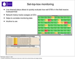 Set-top-box monitoring
              Live channel status allows to quickly evaluate how well STB’s in the field receive
              multicast/VOD
              Network history tracks outages at CO’s
              Helps to correlate monitoring data
              Intuitive to use




Wednesday, October 21, 2009
A couple of screenshots to illustrate how it looks like to check the live channel status and outages tracking.
 