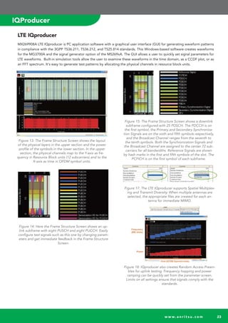 | Vector Signal Generator w w w. a n r i t s u . c o m 23
LTE IQproducer
MX269908A LTE IQproducer is PC application software with a graphical user interface (GUI) for generating waveform patterns
in compliance with the 3GPP TS36.211, TS36.212, and TS25.814 standards. This Windows-based software creates waveforms
for the MG3700A and the signal generator option of the MS269xA. The GUI allows a user to quickly set signal parameters for
LTE waveforms. Built-in simulation tools allow the user to examine these waveforms in the time domain, as a CCDF plot, or as
an FFT spectrum. It's easy to generate test patterns by allocating the physical channels in resource block units.
Figure 13: The Frame Structure Screen shows the layout
of the physical layers in the upper section and the power
profile of the symbols in the lower section. In the upper
section, the physical channels map to the Y-axis as fre-
quency in Resource Block units (12 subcarriers) and to the
X-axis as time in OFDM symbol units.
Figure 14: Here the Frame Structure Screen shows an up-
link subframe with eight PUSCH and eight PUCCH. Easily
configure test signals such as this one by changing param-
eters and get immediate feedback in the Frame Structure
Screen.
Figure 15: The Frame Structure Screen shows a downlink
subframe configured with 25 PDSCH. The PDCCH is on
the first symbol; the Primary and Secondary Synchroniza-
tion Signals are on the sixth and fifth symbols respectively,
and the Broadcast Channel ranges from the seventh to
the tenth symbols. Both the Synchronization Signals and
the Broadcast Channel are assigned to the center 72 sub-
carriers for all bandwidths. Reference Signals are shown
by hash marks in the first and fifth symbols of the slot. The
PCFICH is on the first symbol of each subframe.
Figure 17: The LTE IQproducer supports Spatial Multiplex-
ing and Transmit Diversity. When multiple antennas are
selected, the appropriate files are created for each an-
tenna for immediate MIMO.
Figure 18: IQproducer also creates Random Access Pream-
bles for uplink testing. Frequency hopping and power
ramping can be quickly set from the parameter screen.
Limits on all settings ensure that signals comply with the
standards.
IQProducer
 