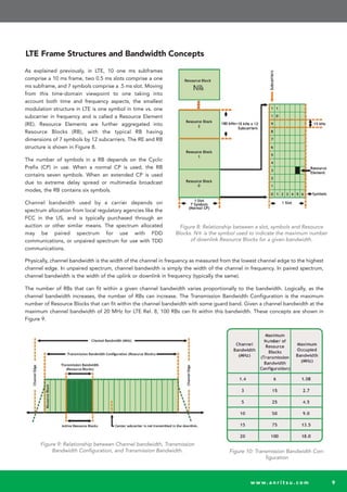 Frame Structures
LTE Frame Structures and Bandwidth Concepts
As explained previously, in LTE, 10 one ms subframes
comprise a 10 ms frame, two 0.5 ms slots comprise a one
ms subframe, and 7 symbols comprise a .5 ms slot. Moving
from this time-domain viewpoint to one taking into
account both time and frequency aspects, the smallest
modulation structure in LTE is one symbol in time vs. one
subcarrier in frequency and is called a Resource Element
(RE). Resource Elements are further aggregated into
Resource Blocks (RB), with the typical RB having
dimensions of 7 symbols by 12 subcarriers. The RE and RB
structure is shown in Figure 8.
The number of symbols in a RB depends on the Cyclic
Prefix (CP) in use. When a normal CP is used, the RB
contains seven symbols. When an extended CP is used
due to extreme delay spread or multimedia broadcast
modes, the RB contains six symbols.
Channel bandwidth used by a carrier depends on
spectrum allocation from local regulatory agencies like the
FCC in the US, and is typically purchased through an
auction or other similar means. The spectrum allocated
may be paired spectrum for use with FDD
communications, or unpaired spectrum for use with TDD
communications.
Figure 8: Relationship between a slot, symbols and Resource
Blocks. N is the symbol used to indicate the maximum number
of downlink Resource Blocks for a given bandwidth.
DL
RB
Physically, channel bandwidth is the width of the channel in frequency as measured from the lowest channel edge to the highest
channel edge. In unpaired spectrum, channel bandwidth is simply the width of the channel in frequency. In paired spectrum,
channel bandwidth is the width of the uplink or downlink in frequency (typically the same).
The number of RBs that can fit within a given channel bandwidth varies proportionally to the bandwidth. Logically, as the
channel bandwidth increases, the number of RBs can increase. The Transmission Bandwidth Configuration is the maximum
number of Resource Blocks that can fit within the channel bandwidth with some guard band. Given a channel bandwidth at the
maximum channel bandwidth of 20 MHz for LTE Rel. 8, 100 RBs can fit within this bandwidth. These concepts are shown in
Figure 9.
Figure 9: Relationship between Channel bandwidth, Transmission
Bandwidth Configuration, and Transmission Bandwidth. Figure 10: Transmission Bandwidth Con-
figuration
w w w. a n r i t s u . c o m 9
 