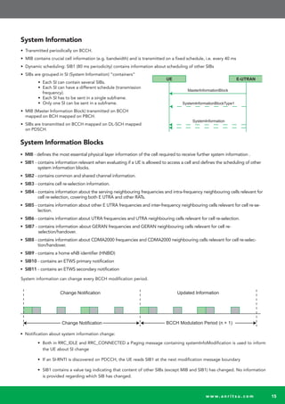 System Information
• Transmitted periodically on BCCH.
• MIB contains crucial cell information (e.g. bandwidth) and is transmitted on a fixed schedule, i.e. every 40 ms
• Dynamic scheduling: SIB1 (80 ms periodicity) contains information about scheduling of other SIBs
• SIBs are grouped in SI (System Information) “containers”
• Each SI can contain several SIBs.
• Each SI can have a different schedule (transmission
frequency).
• Each SI has to be sent in a single subframe.
• Only one SI can be sent in a subframe.
• MIB (Master Information Block) transmitted on BCCH
mapped on BCH mapped on PBCH.
• SIBs are transmitted on BCCH mapped on DL-SCH mapped
on PDSCH.
UE E-UTRAN
MasterInformationBlock
SystemInformationBlockType1
SystemInformation
w w w. a n r i t s u . c o m 15
System Information Blocks
• MIB - defines the most essential physical layer information of the cell required to receive further system information .
• SIB1 - contains information relevant when evaluating if a UE is allowed to access a cell and defines the scheduling of other
system information blocks.
• SIB2 - contains common and shared channel information.
• SIB3 - contains cell re-selection information.
• SIB4 - contains information about the serving neighbouring frequencies and intra-frequency neighbouring cells relevant for
cell re-selection, covering both E UTRA and other RATs.
• SIB5 - contains information about other E UTRA frequencies and inter-frequency neighbouring cells relevant for cell re-se-
lection.
• SIB6 - contains information about UTRA frequencies and UTRA neighbouring cells relevant for cell re-selection.
• SIB7 - contains information about GERAN frequencies and GERAN neighbouring cells relevant for cell re-
selection/handover.
• SIB8 - contains information about CDMA2000 frequencies and CDMA2000 neighbouring cells relevant for cell re-selec-
tion/handover.
• SIB9 - contains a home eNB identifier (HNBID)
• SIB10 - contains an ETWS primary notification
• SIB11 - contains an ETWS secondary notification
Change Notification Updated Information
Change Notification BCCH Modulation Period (n + 1)
System information can change every BCCH modification period.
• Notification about system information change:
• Both in RRC_IDLE and RRC_CONNECTED a Paging message containing systemInfoModification is used to inform
the UE about SI change
• If an SI-RNTI is discovered on PDCCH, the UE reads SIB1 at the next modification message boundary
• SIB1 contains a value tag indicating that content of other SIBs (except MIB and SIB1) has changed. No information
is provided regarding which SIB has changed.
 
