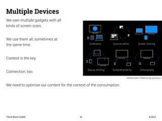 Multiple Devices 
We own multiple gadgets with all 
kinds of screen sizes. 
We use them all, sometimes at 
the same time. ...