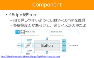 Component
• 48dp=約9mm
– 指で押しやすいようにUIは7~10mmを推奨
– 多解像度とかあるけど、実サイズが大事だよ

http://developer.android.com/design/style/metrics-grids.html

 