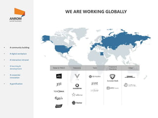 • # community building
• # digital workplace
• # interactive intranet
• # learning &
development
• # corporate
innovation
• # gamification
WE ARE WORKING GLOBALLY
Retail & FMCG Telecoms Tech
Finance &
Insurance
Other
 