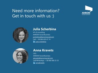 Need more information?
Get in touch with us :)
Julia Scherbina
VP of consulting
ANROM Social Business
jscherbina@anromsocial.com
Cell: + 38 066 420 47 74
julia-scherbina
Anna Kravets
CEO
ANROM Social Business
akravets@anromsocial.com
Cell/WhatsApp: + 38 068 908 25 33
annakravets
 