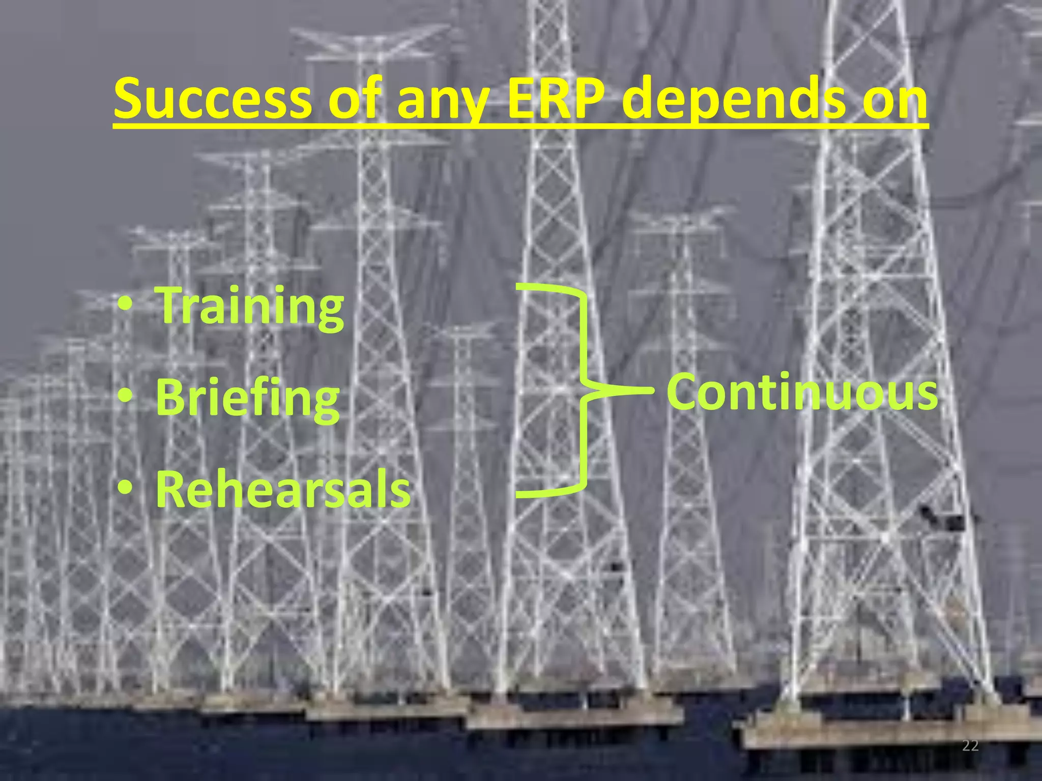 Success of any ERP depends on


• Training
• Briefing         Continuous
• Rehearsals



                                22
 