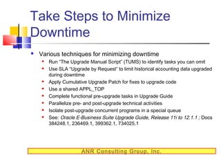 Take Steps to Minimize
Downtime


Various techniques for minimizing downtime










Run “The Upgrade Manual Script” (TUMS) to identify tasks you can omit
Use SLA “Upgrade by Request” to limit historical accounting data upgraded
during downtime
Apply Cumulative Upgrade Patch for fixes to upgrade code
Use a shared APPL_TOP
Complete functional pre-upgrade tasks in Upgrade Guide
Parallelize pre- and post-upgrade technical activities
Isolate post-upgrade concurrent programs in a special queue
See: Oracle E-Business Suite Upgrade Guide, Release 11i to 12.1.1 ; Docs
384248.1, 236469.1, 399362.1, 734025.1

ANR Consulting Group, Inc.

 