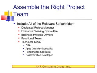 Assemble the Right Project
Team


Include All of the Relevant Stakeholders






Dedicated Project Manager
Executive Steering Committee
Business Process Owners
Functional Team
Technical Team





DBA
Apps (mid-tier) Specialist
Performance Specialist
Customization Developer

ANR Consulting Group, Inc.

 