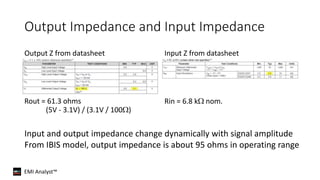 EMI Analyst™
Output Impedance and Input Impedance
Output Z from datasheet
Rout = 61.3 ohms
(5V - 3.1V) / (3.1V / 100)
Input Z from datasheet
Rin = 6.8 k nom.
Input and output impedance change dynamically with signal amplitude
From IBIS model, output impedance is about 95 ohms in operating range
 