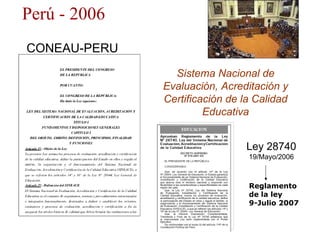 Ley 28740 19/Mayo/2006 Sistema Nacional de Evaluación, Acreditación y Certificación de la Calidad Educativa Perú - 2006  C...