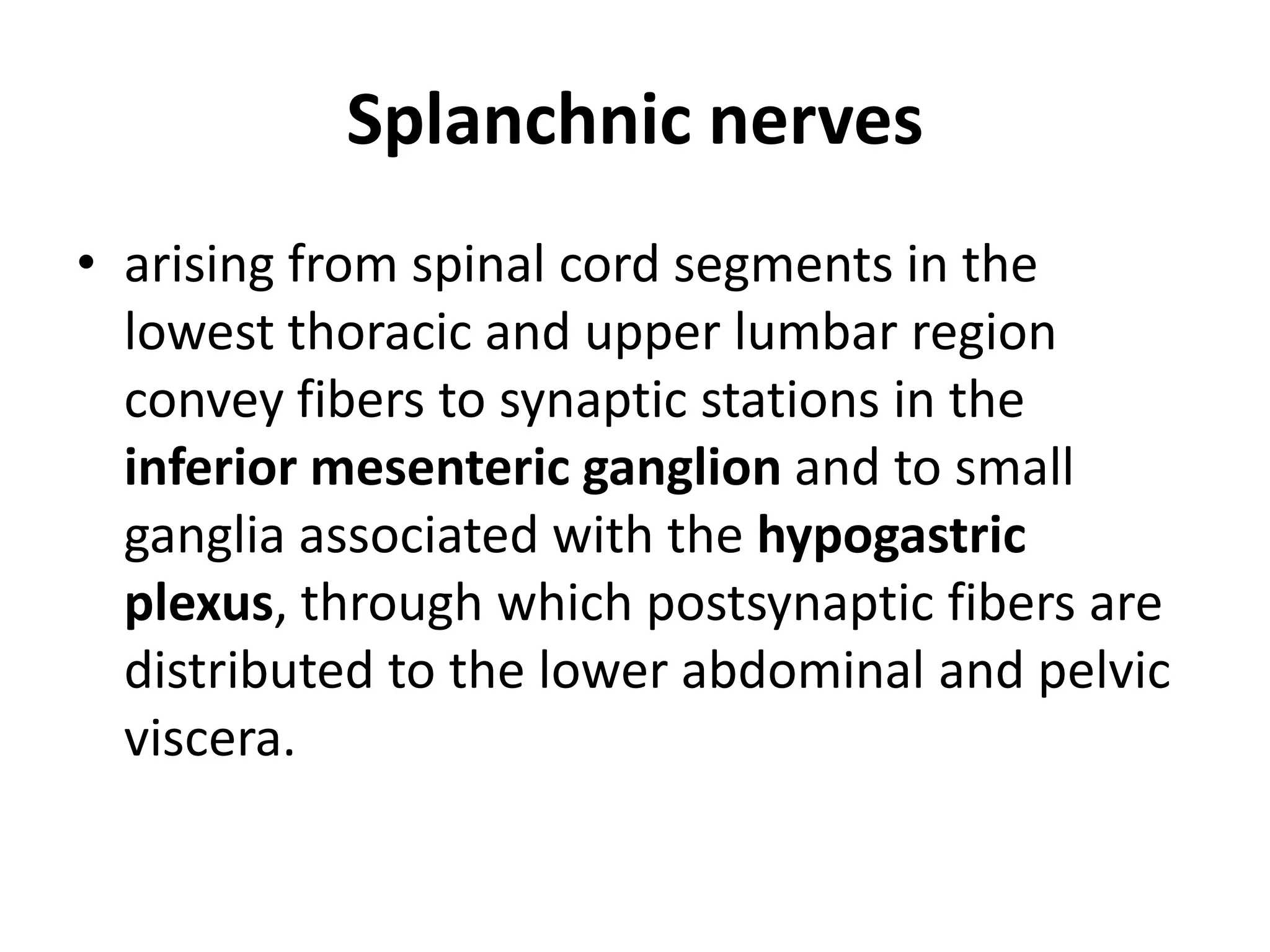Splanchnic nerves
• arising from spinal cord segments in the
  lowest thoracic and upper lumbar region
  convey fibers to synaptic stations in the
  inferior mesenteric ganglion and to small
  ganglia associated with the hypogastric
  plexus, through which postsynaptic fibers are
  distributed to the lower abdominal and pelvic
  viscera.
 