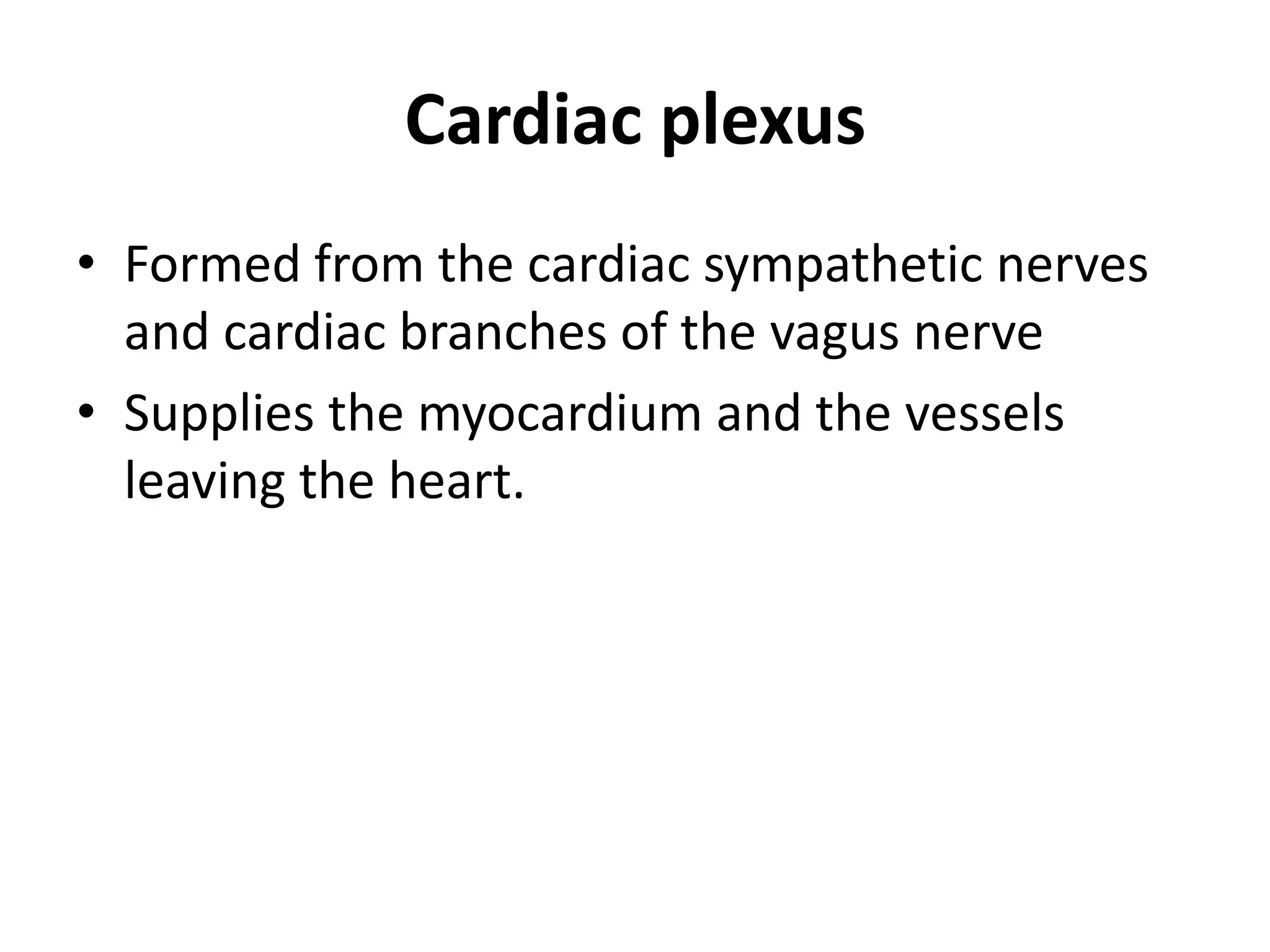 Cardiac plexus
• Formed from the cardiac sympathetic nerves
  and cardiac branches of the vagus nerve
• Supplies the myocardium and the vessels
  leaving the heart.
 