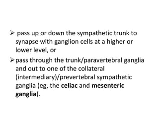  pass up or down the sympathetic trunk to
 synapse with ganglion cells at a higher or
 lower level, or
pass through the trunk/paravertebral ganglia
 and out to one of the collateral
 (intermediary)/prevertebral sympathetic
 ganglia (eg, the celiac and mesenteric
 ganglia).
 