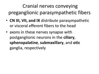Cranial nerves conveying
 preganglionic parasympathetic fibers
• CN III, VII, and IX distribute parasympathetic
  or visceral efferent fibers to the head
• axons in these nerves synapse with
  postganglionic neurons in the ciliary,
  sphenopalatine, submaxillary, and otic
  ganglia, respectively
 