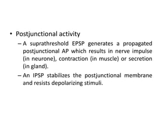 • Postjunctional activity
  – A suprathreshold EPSP generates a propagated
    postjunctional AP which results in nerve impulse
    (in neurone), contraction (in muscle) or secretion
    (in gland).
  – An IPSP stabilizes the postjunctional membrane
    and resists depolarizing stimuli.
 