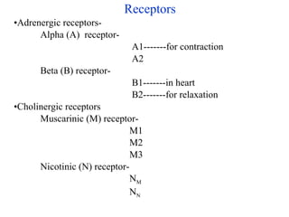 Receptors Adrenergic receptors- Alpha (A)  receptor- A1-------for contraction A2 Beta (B) receptor-  B1-------in heart B2-------for relaxation Cholinergic receptors Muscarinic (M) receptor- M1 M2 M3 Nicotinic (N) receptor- N M N N 