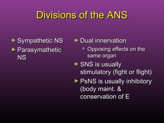 Divisions of the ANSDivisions of the ANS
► Sympathetic NSSympathetic NS
► ParasymatheticParasymathetic
NSNS
► Dual innervationDual innervation
 Opposing effects on theOpposing effects on the
same organsame organ
► SNS is usuallySNS is usually
stimulatory (fight or flight)stimulatory (fight or flight)
► PsNS is usually inhibitoryPsNS is usually inhibitory
(body maint. &(body maint. &
conservation of Econservation of E
 