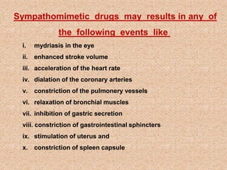 Sympathomimetic drugs may results in any of
the following events like
i. mydriasis in the eye
ii. enhanced stroke volume
iii. acceleration of the heart rate
iv. dialation of the coronary arteries
v. constriction of the pulmonery vessels
vi. relaxation of bronchial muscles
vii. inhibition of gastric secretion
viii. constriction of gastrointestinal sphincters
ix. stimulation of uterus and
x. constriction of spleen capsule
 