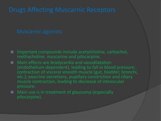 Drugs Affecting Muscarnic Receptors
Muscarnic agonists
 Important compounds include acetylcholine, carbachol,
methacholine, muscarine and pilocarpine.
 Main effects are bradycardia and vasodilatation
(endothelium-dependent), leading to fall in blood pressure;
contraction of visceral smooth muscle (gut, bladder, bronchi,
etc.); exocrine secretions, pupillary constriction and ciliary
muscle contraction, leading to decrease of intraocular
pressure.
 Main use is in treatment of glaucoma (especially
pilocarpine).
 