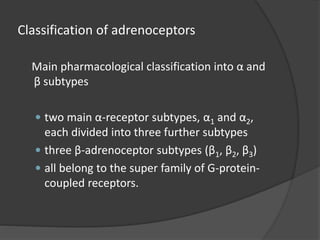 Classification of adrenoceptors
Main pharmacological classification into α and
β subtypes
 two main α-receptor subtypes, α1 and α2,
each divided into three further subtypes
 three β-adrenoceptor subtypes (β1, β2, β3)
 all belong to the super family of G-protein-
coupled receptors.
 