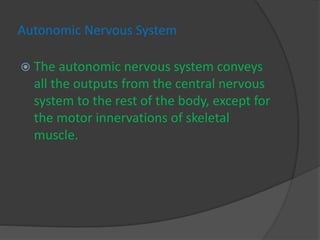 Autonomic Nervous System
 The autonomic nervous system conveys
all the outputs from the central nervous
system to the rest of the body, except for
the motor innervations of skeletal
muscle.
 