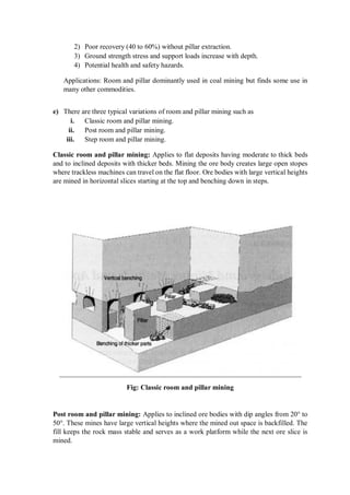 2) Poor recovery (40 to 60%) without pillar extraction.
3) Ground strength stress and support loads increase with depth.
4) Potential health and safety hazards.
Applications: Room and pillar dominantly used in coal mining but finds some use in
many other commodities.
e) There are three typical variations of room and pillar mining such as
i. Classic room and pillar mining.
ii. Post room and pillar mining.
iii. Step room and pillar mining.
Classic room and pillar mining: Applies to flat deposits having moderate to thick beds
and to inclined deposits with thicker beds. Mining the ore body creates large open stopes
where trackless machines can travel on the flat floor. Ore bodies with large vertical heights
are mined in horizontal slices starting at the top and benching down in steps.
Fig: Classic room and pillar mining
Post room and pillar mining: Applies to inclined ore bodies with dip angles from 20° to
50°. These mines have large vertical heights where the mined out space is backfilled. The
fill keeps the rock mass stable and serves as a work platform while the next ore slice is
mined.
 