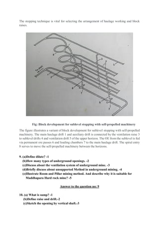 The stopping technique is vital for selecting the arrangement of haulage working and block
raises.
Fig: Block development for sublevel stopping with self-propelled machinery
The figure illustrates a variant of block development for sublevel stopping with self-propelled
machinery. The main haulage drift 1 and auxiliary drift is connected by the ventilation raise 3
to sublevel drifts 4 and ventilation drift 5 of the upper horizon. The OE from the sublevel is fed
via permanent ore passes 6 and loading chambers 7 to the main haulage drift. The spiral entry
8 serves to move the self-propelled machinery between the horizons.
9. (a)Define dilute? -1
(b)How many types of underground openings. -2
(c)Discuss about the ventilation system of underground mine. -3
(d)Briefly discuss about unsupported Method in underground mining. -4
(e)Illustrate Room and Pillar mining method. And describe why it is suitable for
Maddhapara Hard rock mine? -5
Answer to the question no: 9
10. (a) What is sump? -1
(b)Define raise and drift.-2
(c)Sketch the opening by vertical shaft.-3
 